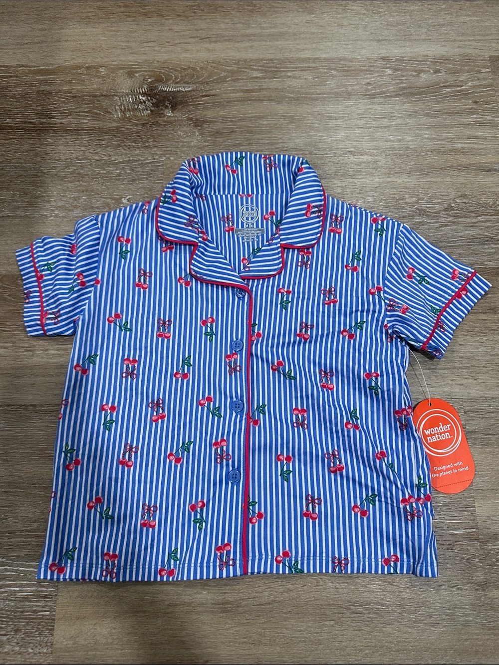 wonder nation Blue & White Stripe Short Sleeve Shirt with Red Cherry Print pj